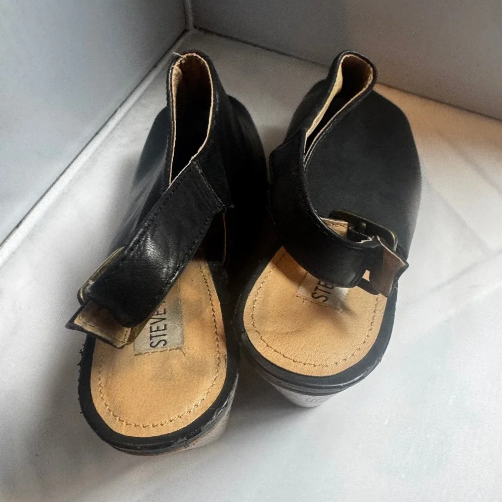 Steve Madden Tryffle Black Leather Studded Wood Wedge Slingback Sandals 6.5M Y2K